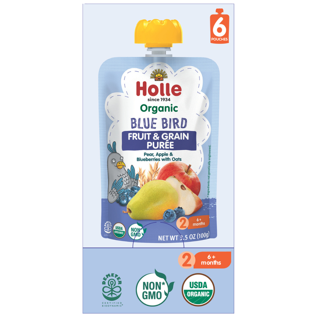 Holle Baby Food Pouches - Organic Fruit & Grain Puree - Blue Bird