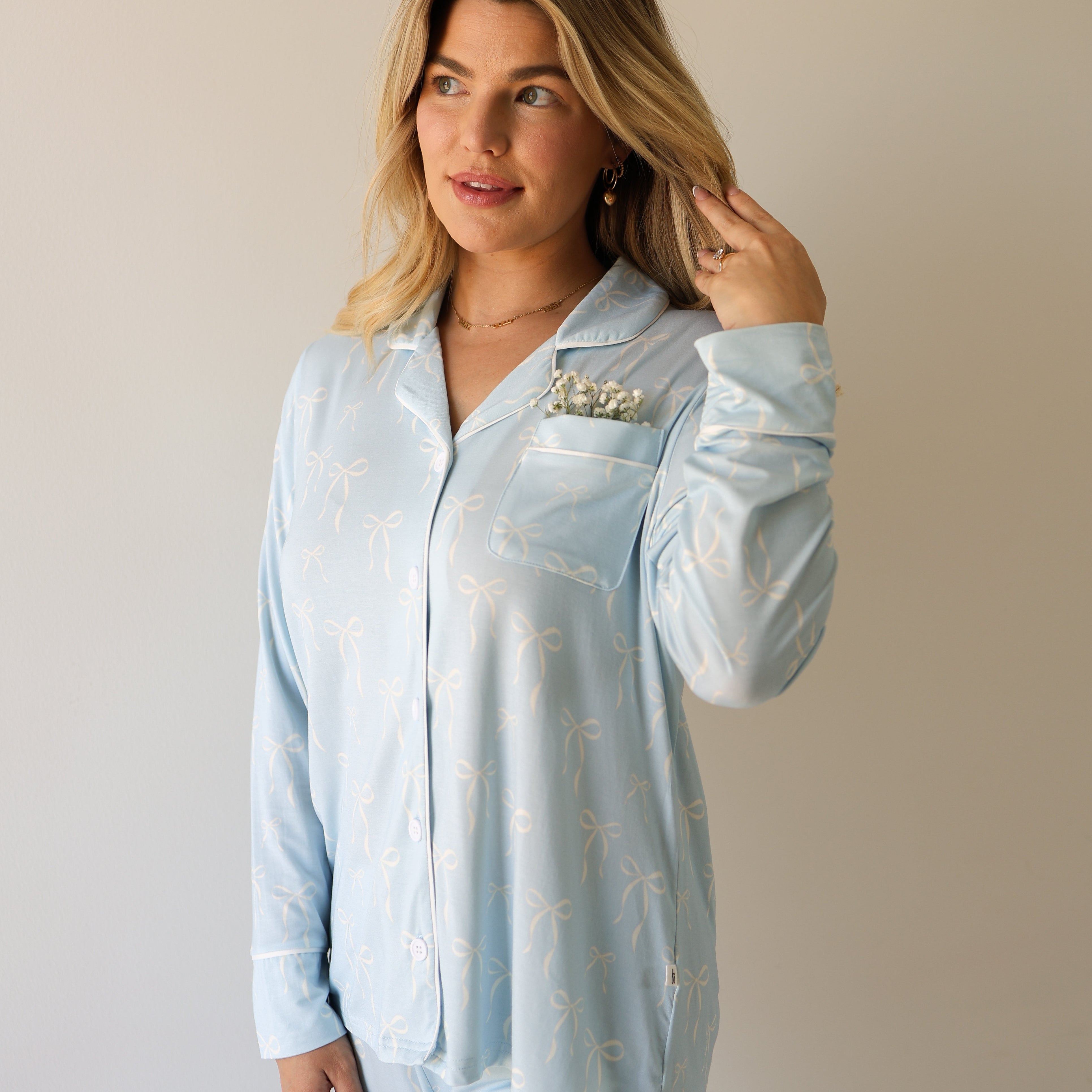 Women's Bamboo Button Up Lounge Set | Blue Bows