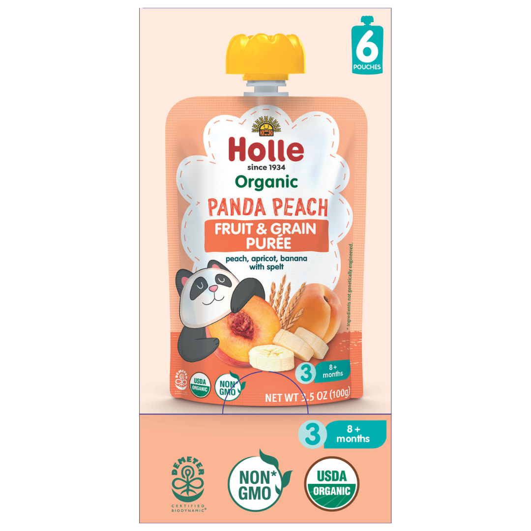 Holle Baby Food Pouches - Organic Fruit & Grain Puree -  Panda Peach