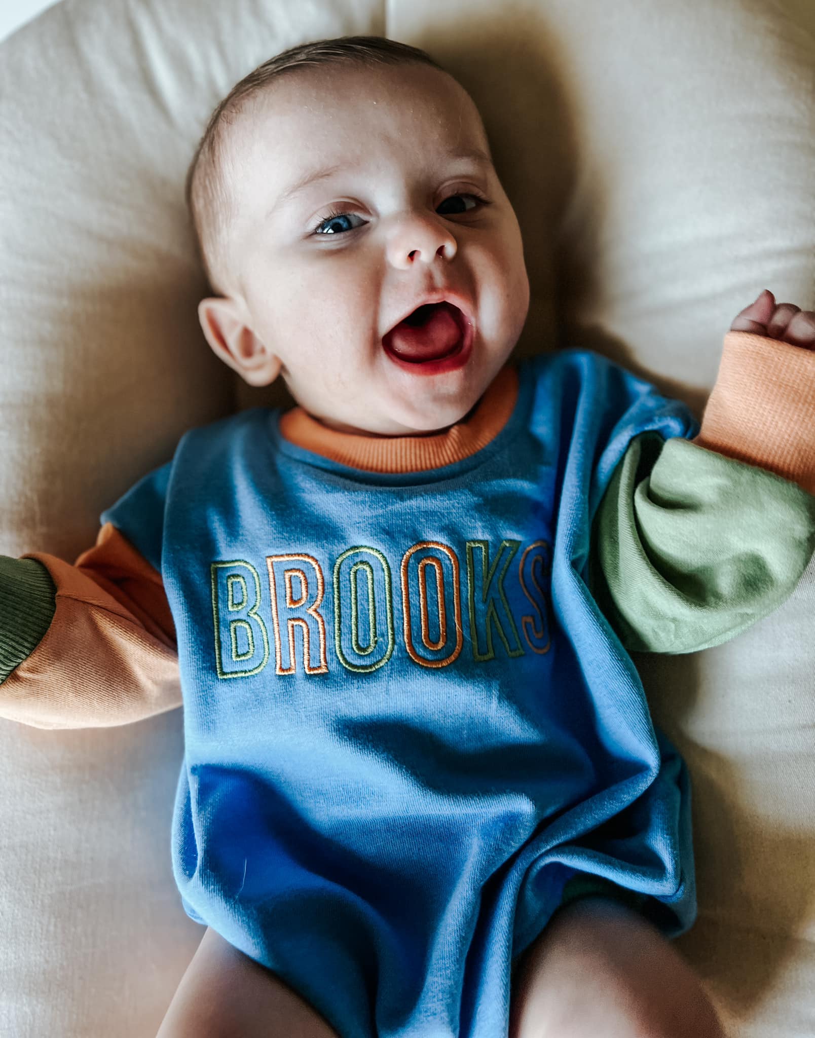 Custom Embroidered Colorblock Sweatshirt Romper - Orange Blue Green