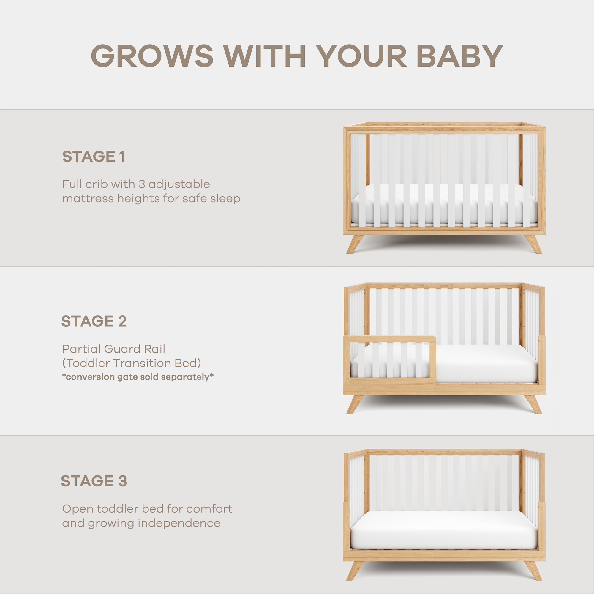 Baby Crib for 0 to 3 Years - White Bars and Natural Wood Frame and Legs