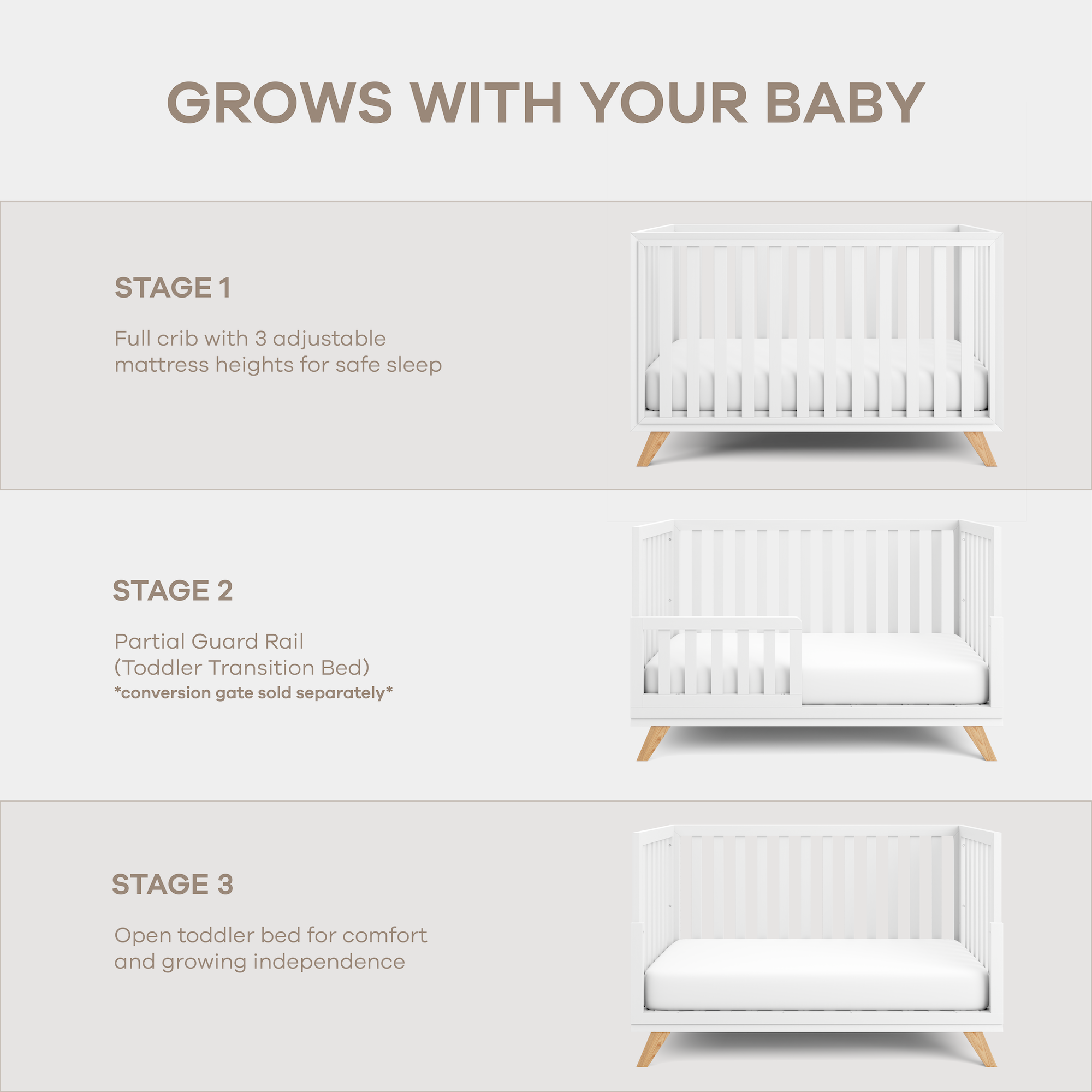 Baby Crib for 0 to 3 Years - White Bars and Frame and Natural Wood Leg