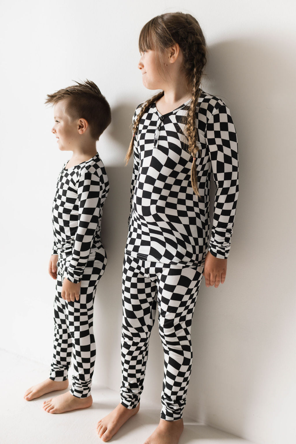 Bamboo Two Piece Pajamas | Black & White Wavy Checkerboard