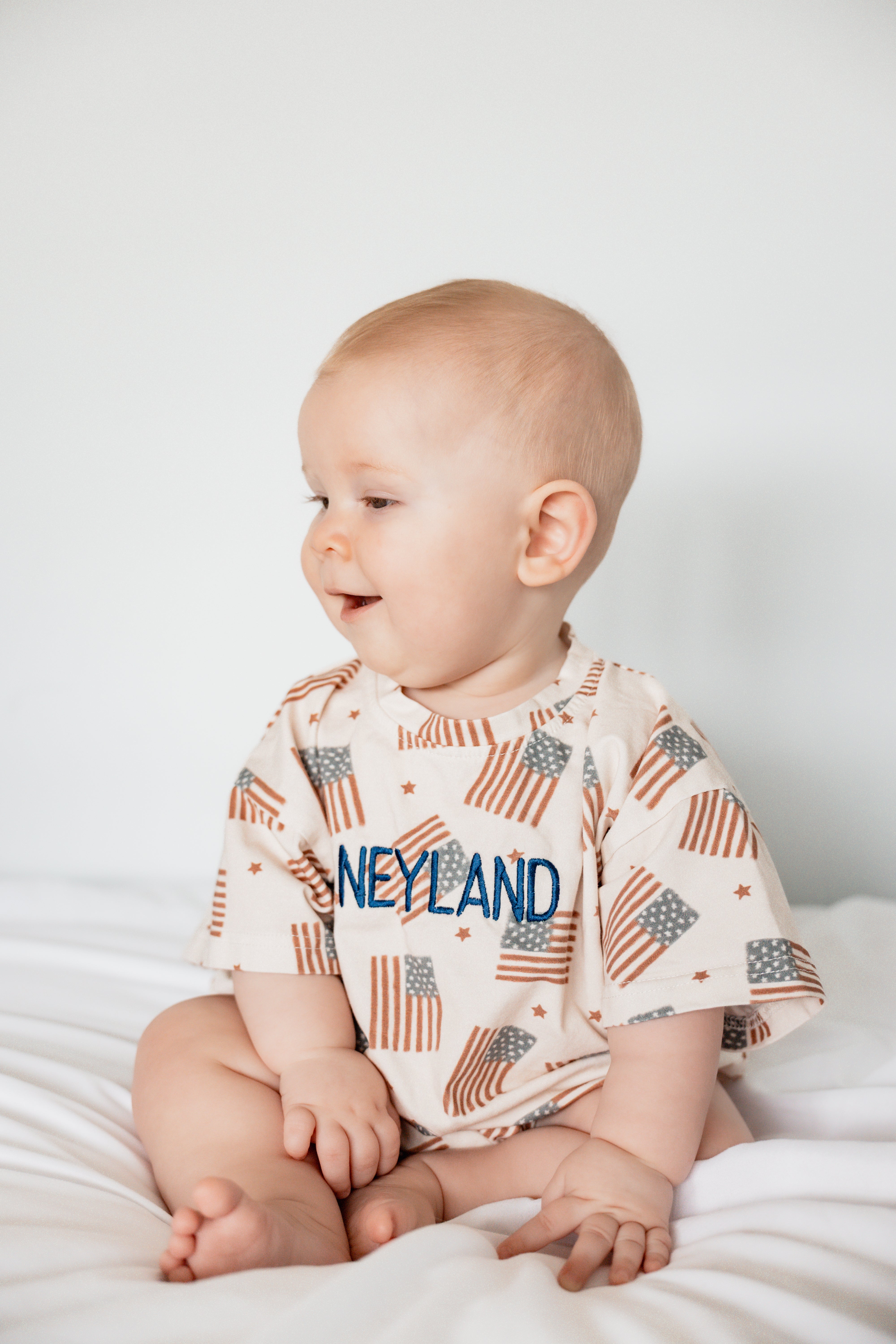 4th of July Flag Print T-Shirt Romper - optional custom embroidery