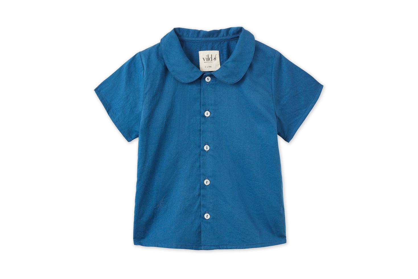 SS Organic Cotton Woven Peter Pan Collared Shirt - Navy Blue
