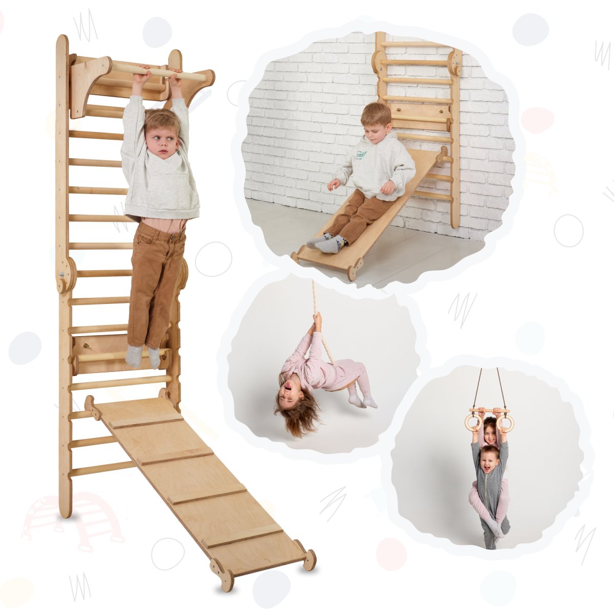 4in1 Climbing Set: Wooden Swedish Wall + Swing Set + Slide Board + Triangle Ladder Swedish wall Goodevas   