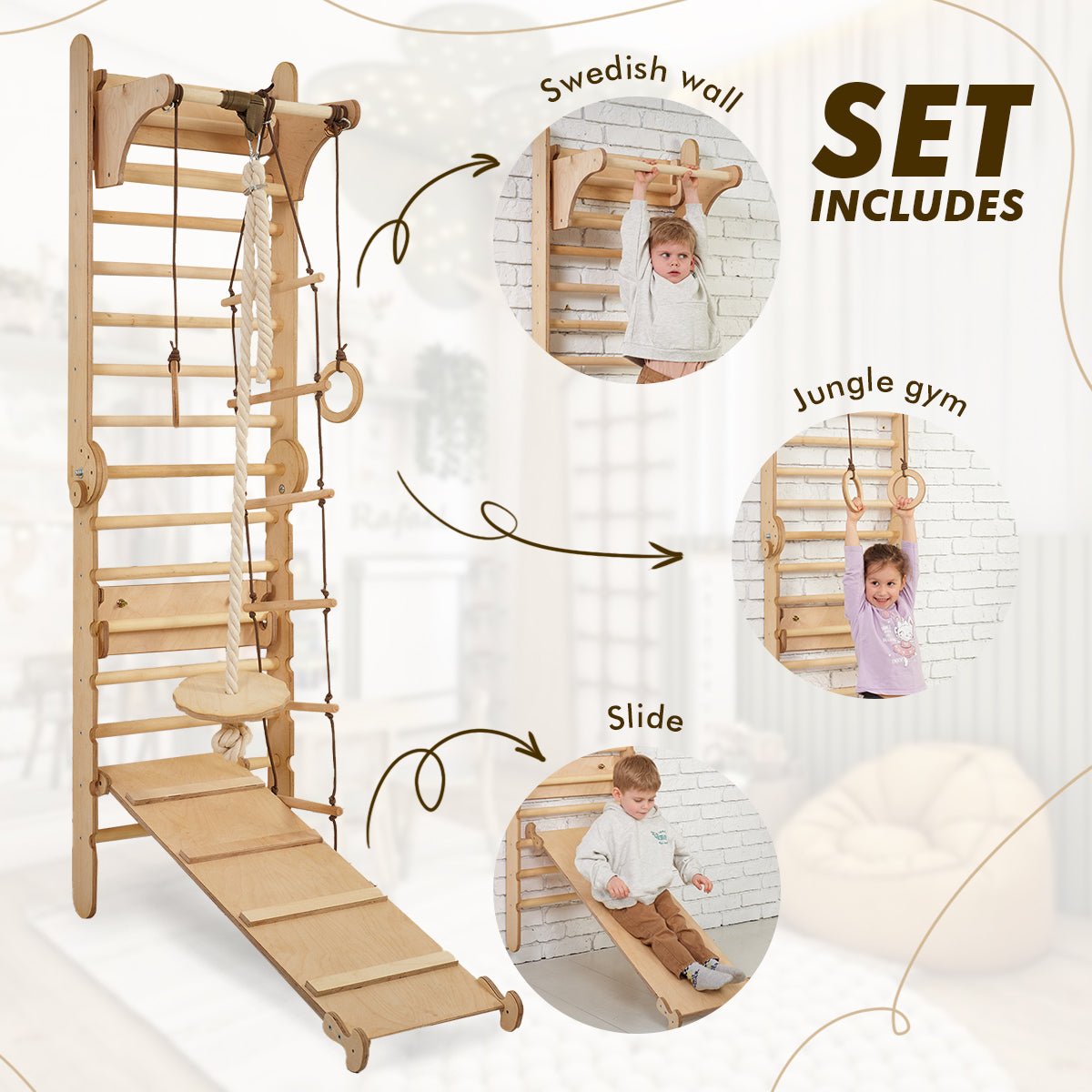 4in1 Climbing Set: Wooden Swedish Wall + Swing Set + Slide Board + Triangle Ladder Swedish wall Goodevas   