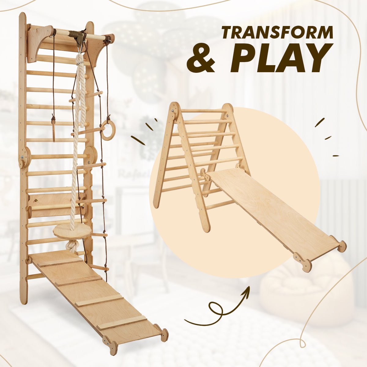 4in1 Climbing Set: Wooden Swedish Wall + Swing Set + Slide Board + Triangle Ladder Swedish wall Goodevas   