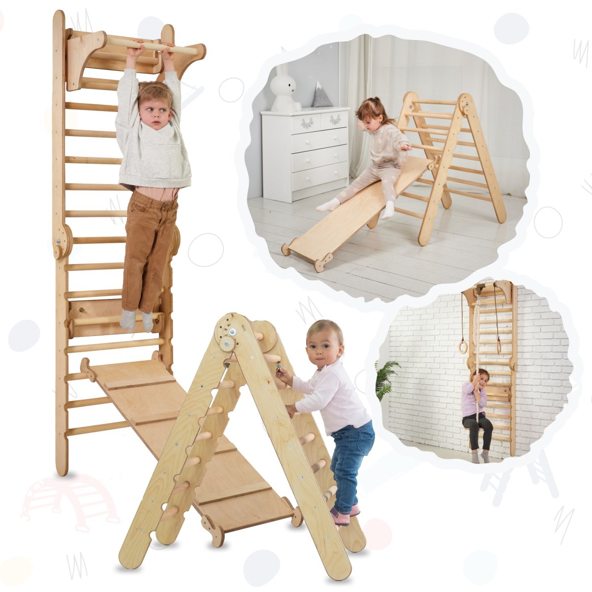 4in1 Climbing Set: Wooden Swedish Wall + Swing Set + Slide Board + Triangle Ladder Swedish wall Goodevas   