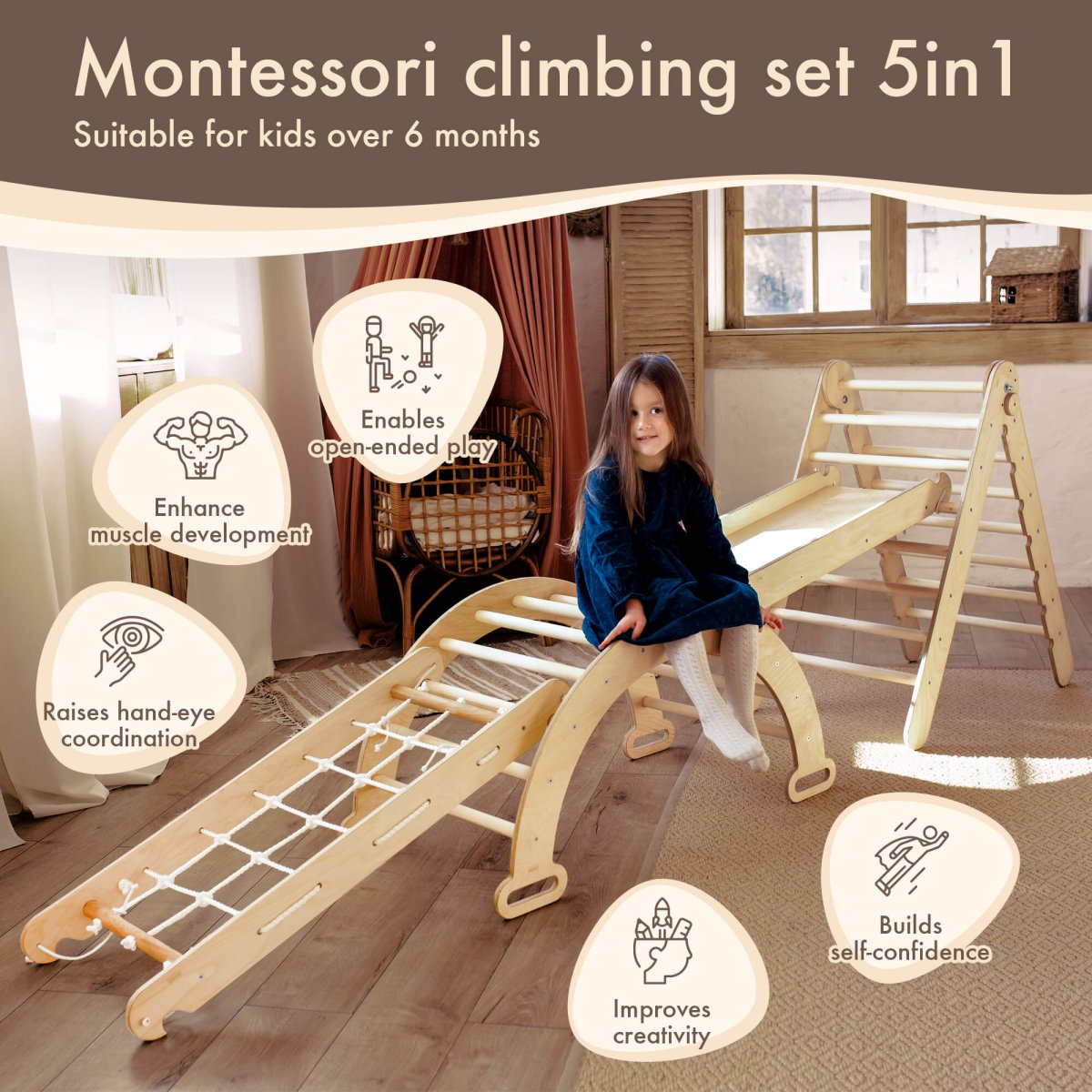 4in1 Montessori Climbing Set: Triangle Ladder + Arch/Rocker + Slide Board/Ramp + Climbing Net – Beige 4in1 Playsets Goodevas   