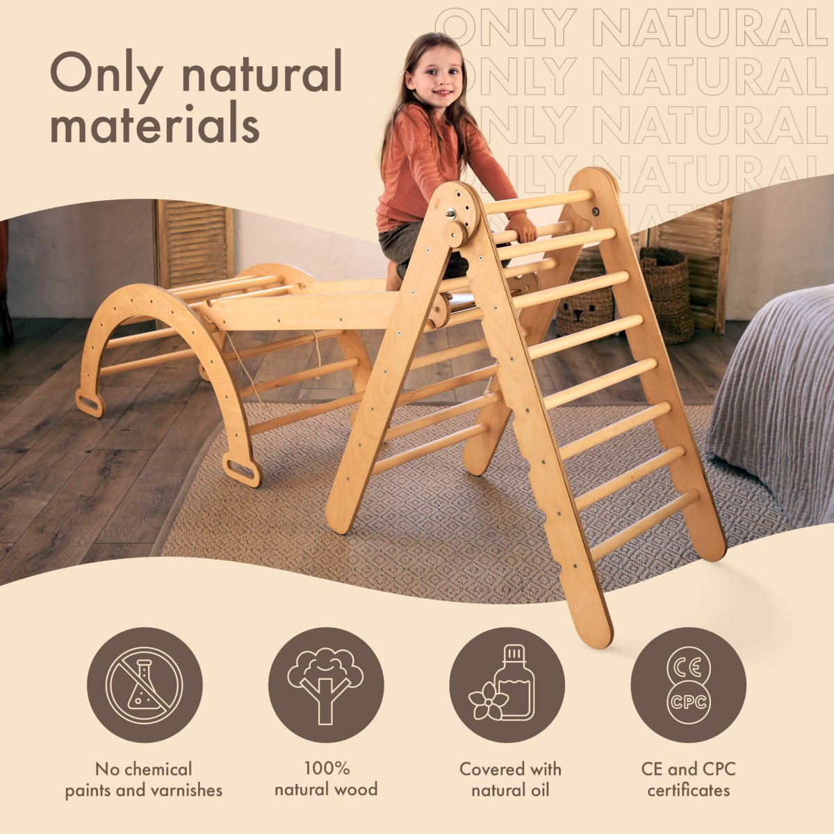 4in1 Montessori Climbing Set: Triangle Ladder + Arch/Rocker + Slide Board/Ramp + Climbing Net – Beige 4in1 Playsets Goodevas   