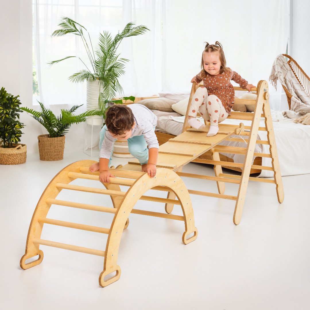 4in1 Montessori Climbing Set: Triangle Ladder + Climbing Arch + Slide Board + Cushion Beige 4in1 Playsets Goodevas   