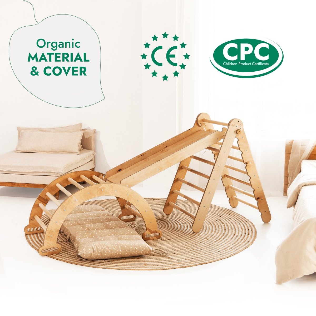 4in1 Montessori Climbing Set: Triangle Ladder + Climbing Arch + Slide Board & Cushion – Beige