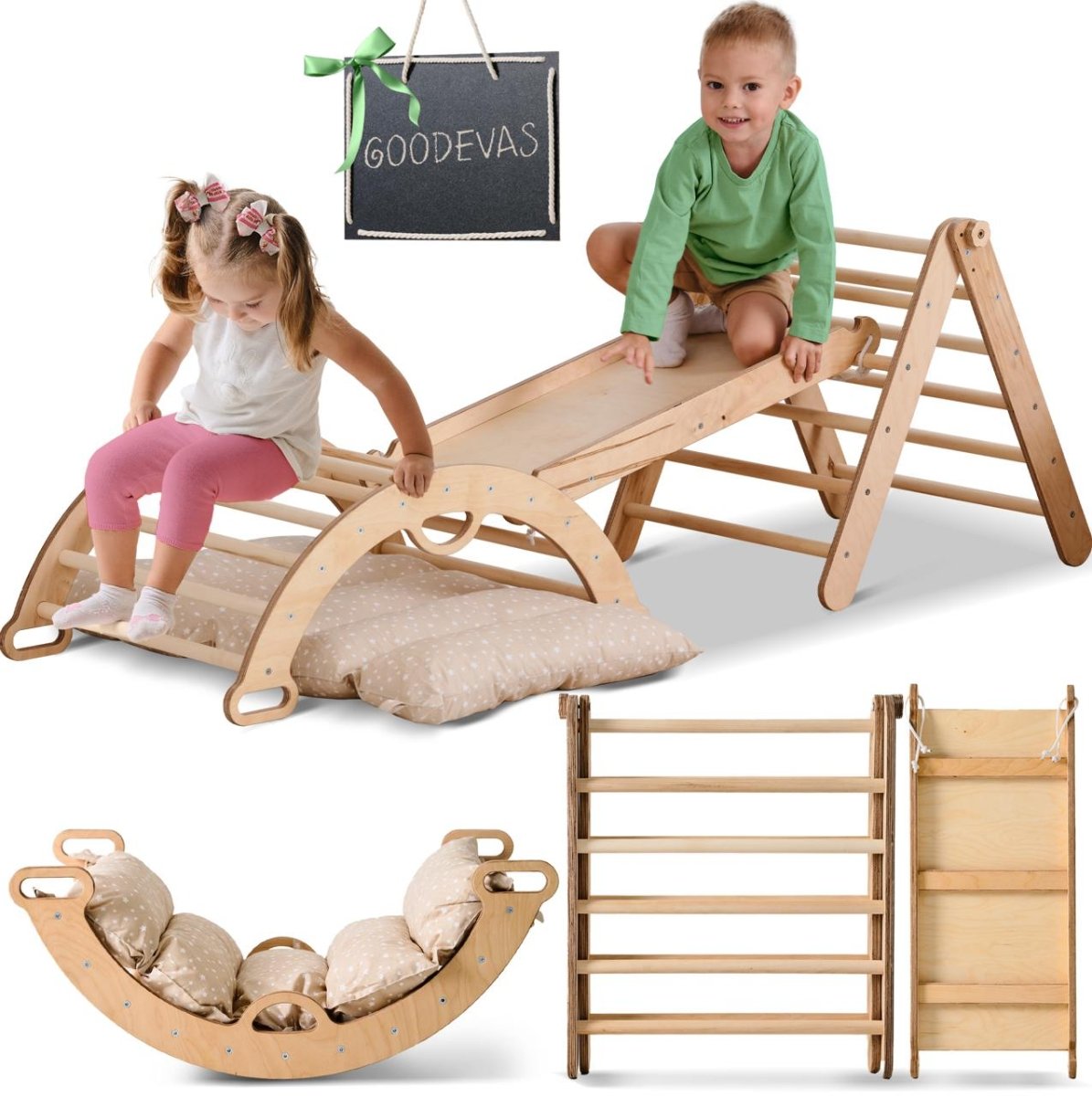 4in1 Toddler Climbing Set: Pikler Triangle + Climbing Arch + Slide Board + Cushion – Beige