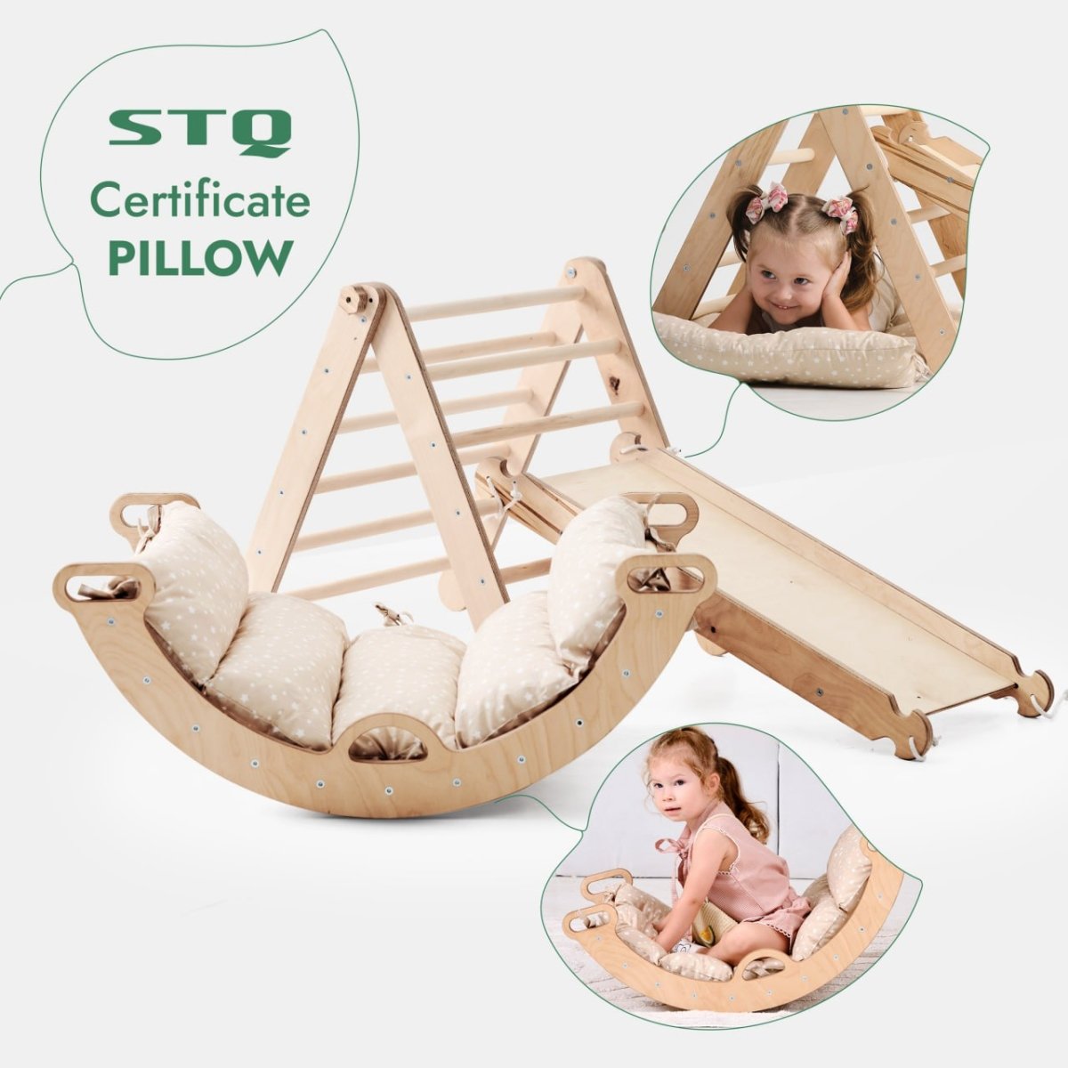 4in1 Toddler Climbing Set: Pikler Triangle + Climbing Arch + Slide Board + Cushion – Beige