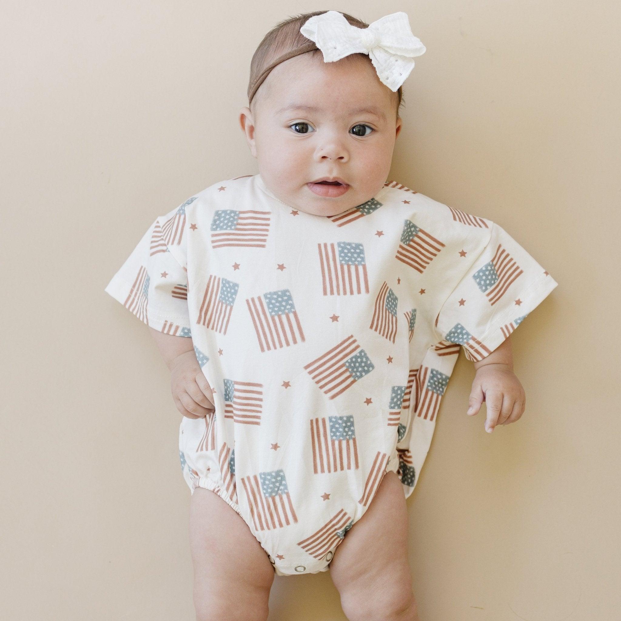 4th of July Flag Print T-Shirt Romper - optional custom embroidery