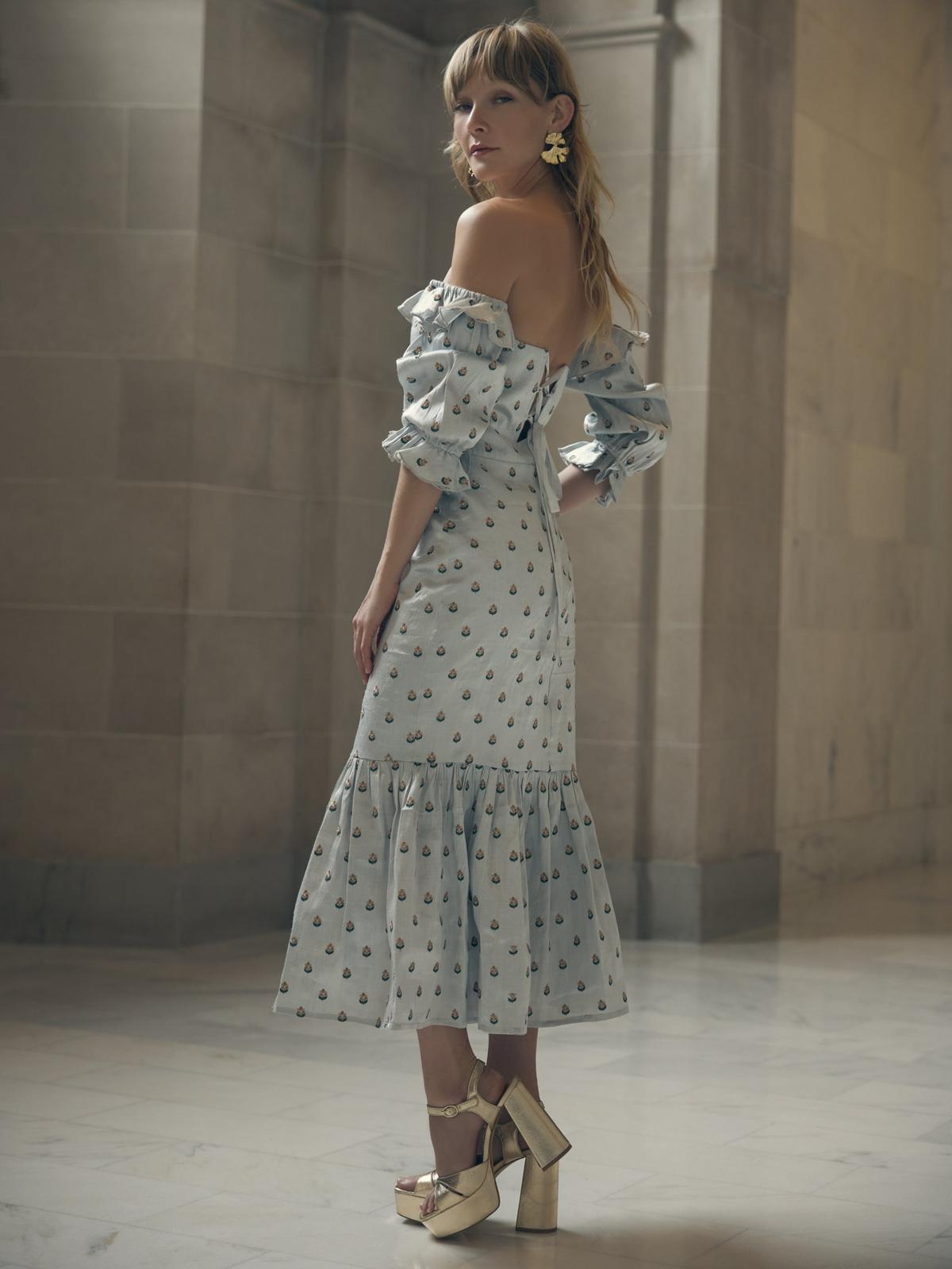 Desirae Embroidered Midi Dress - Light Silver/Micro Floral Embroidery