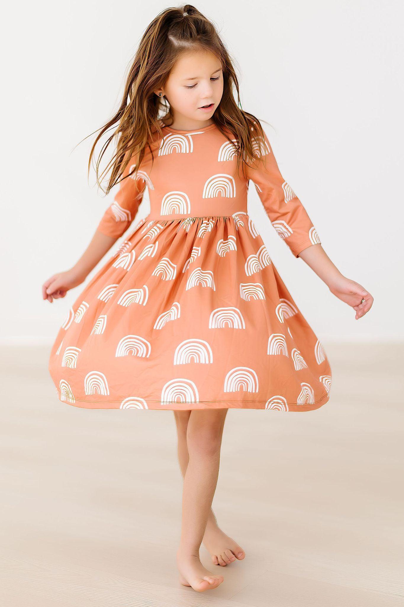 Rainbows in Fall 3/4 Sleeve Twirl Dress