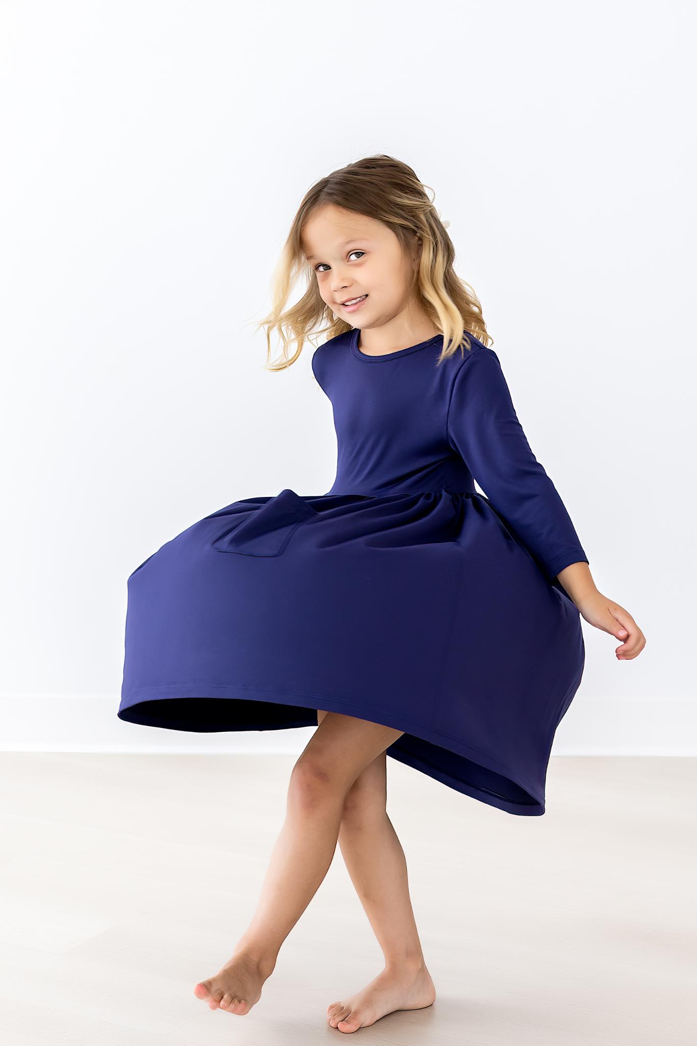 Navy 3/4 Sleeve Pocket Twirl Dress