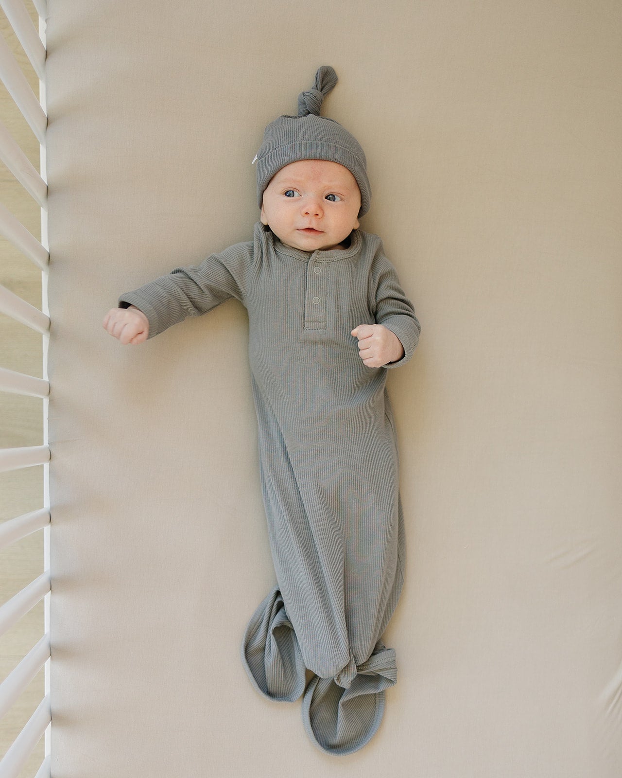 Grey Organic Cotton Ribbed Knot Gown  Mebie Baby   