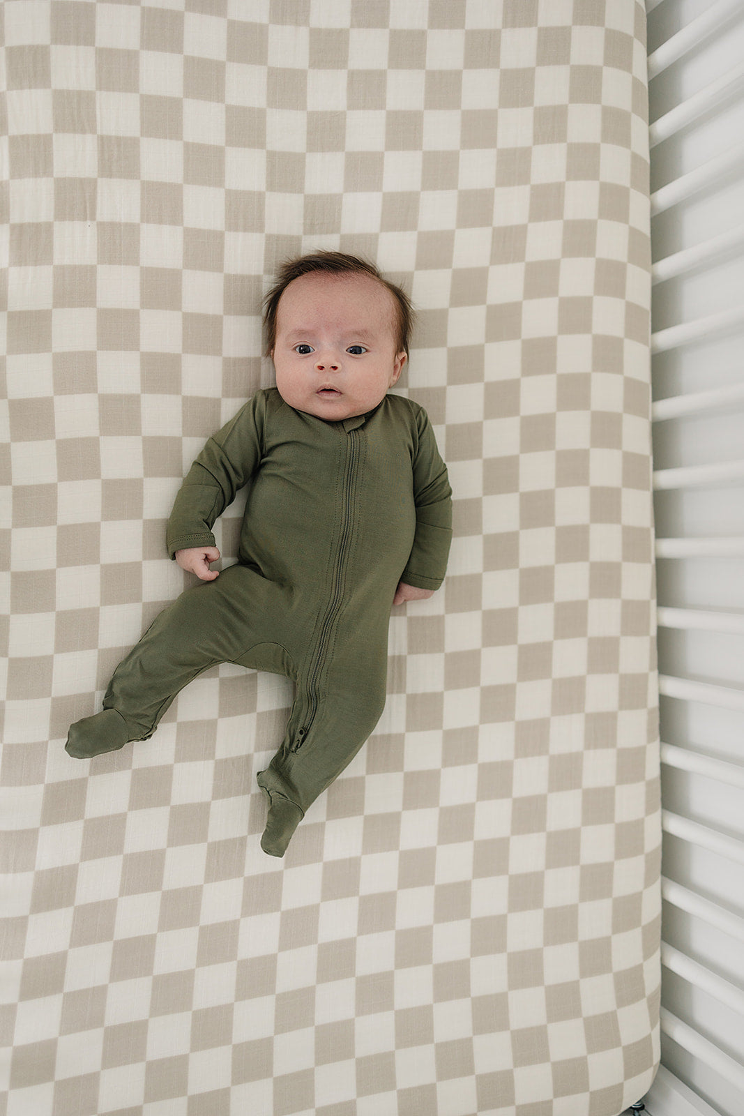 Taupe Checkered Muslin Crib Sheet  Mebie Baby   