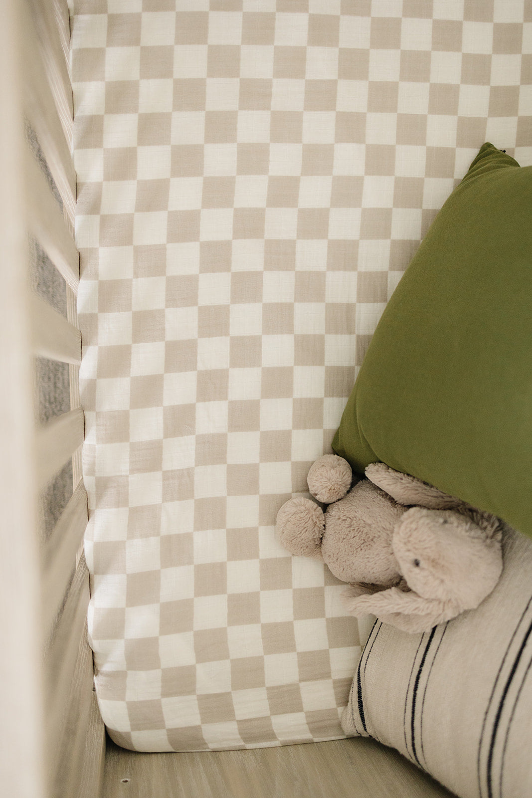 Taupe Checkered Muslin Crib Sheet  Mebie Baby   