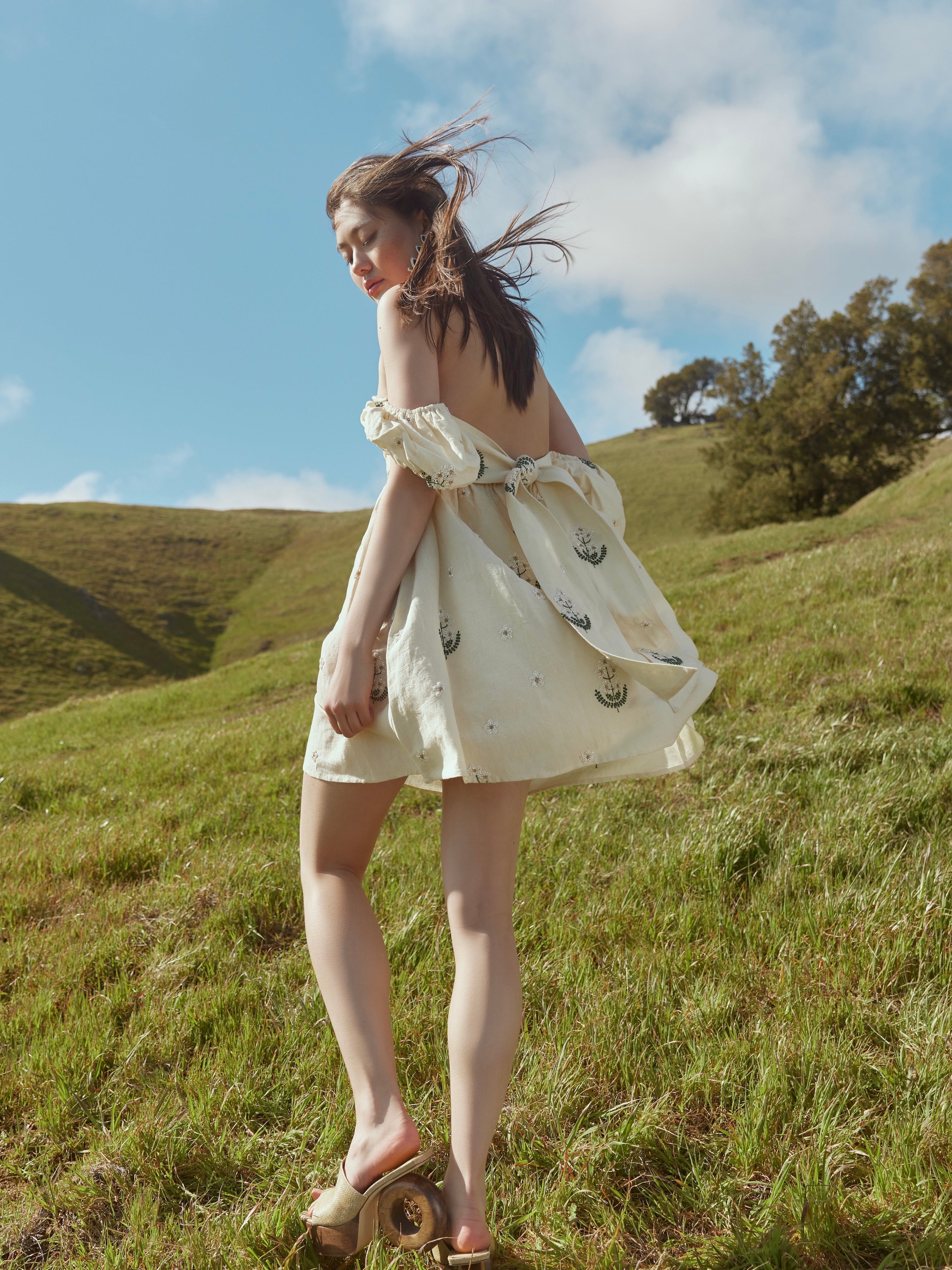 Meadow Beaded Puff Sleeve Mini Dress - Cream Crochet/Multicolor Floral Embroidery