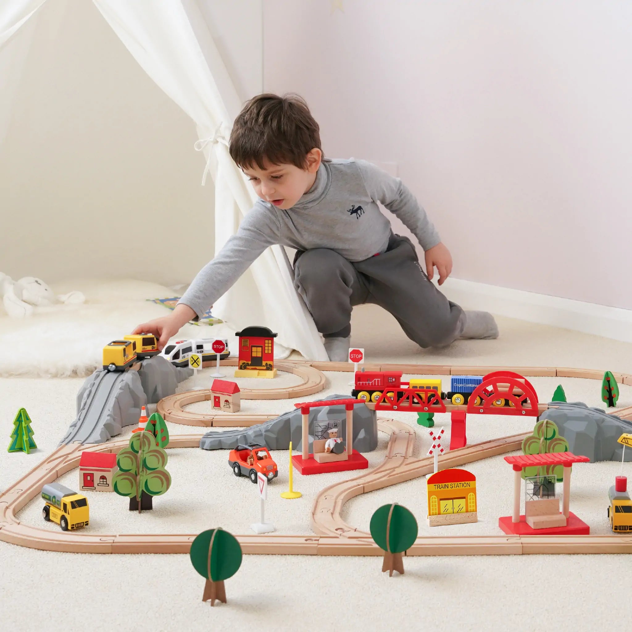 Tiny Land® Wooden Track Trains 55 Pcs Toy Tiny Land   