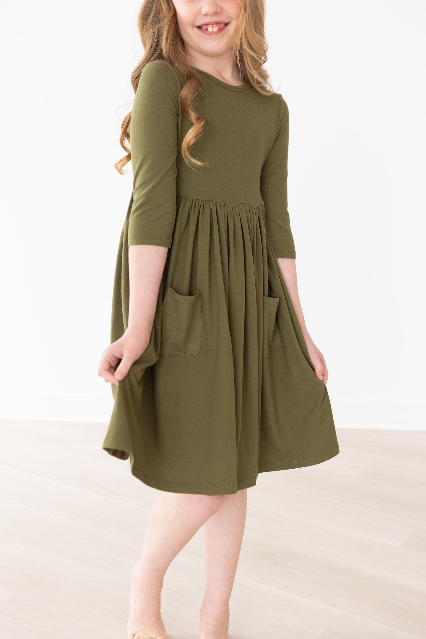 Olive 3/4 Sleeve Pocket Twirl Dress