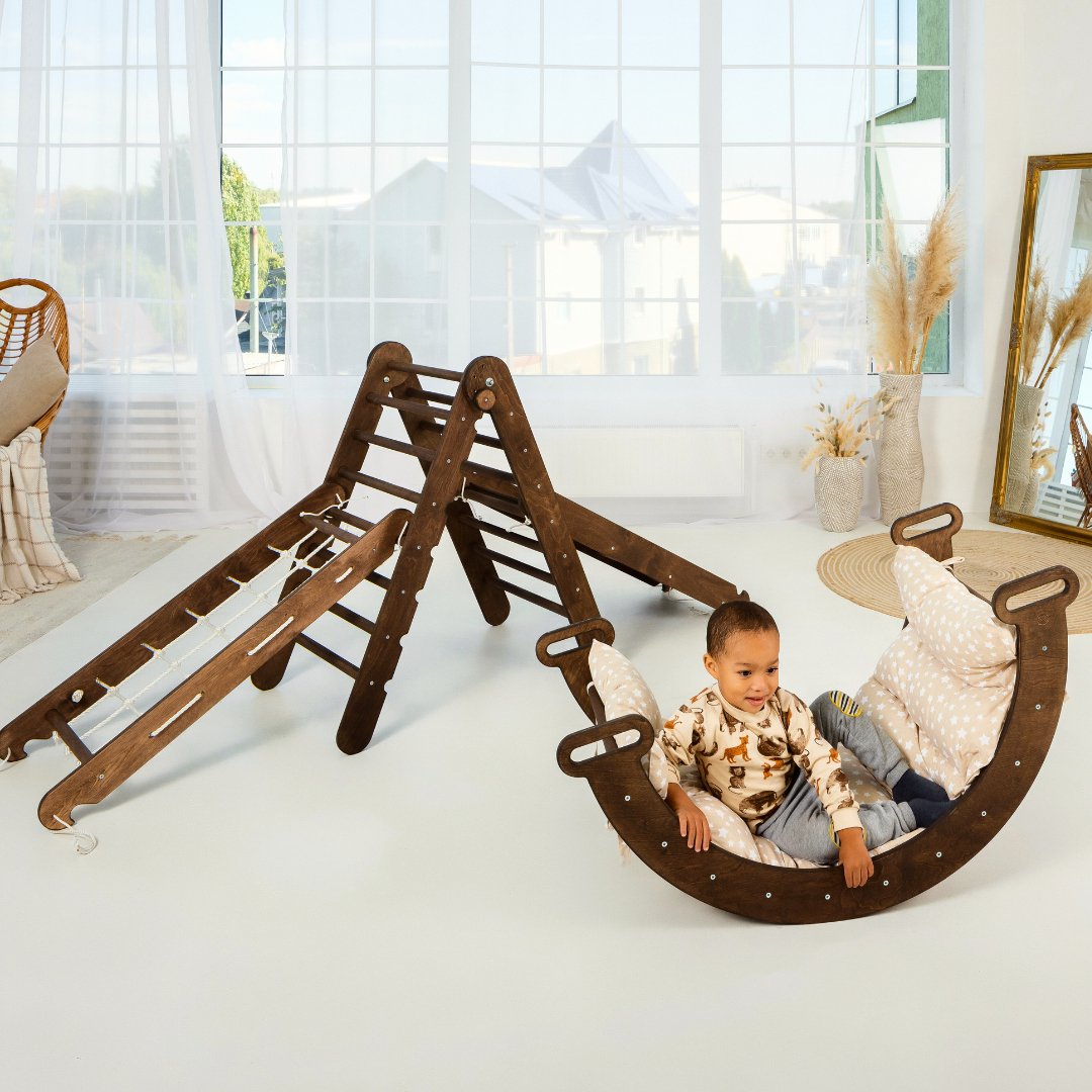 5in1 Montessori Climbing Set: Triangle Ladder + Arch/Rocker + Slide Board/Ramp + Net + Cushion – Chocolate 5in1 Playsets Goodevas   