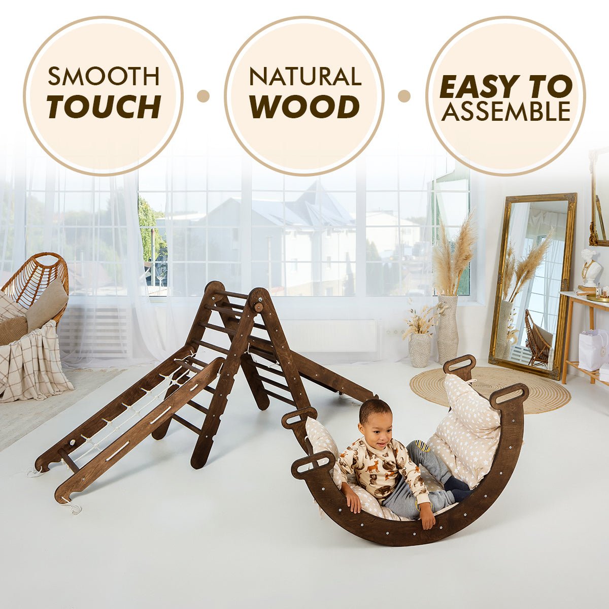 5in1 Montessori Climbing Set: Triangle Ladder + Arch/Rocker + Slide Board/Ramp + Net + Cushion – Chocolate 5in1 Playsets Goodevas   