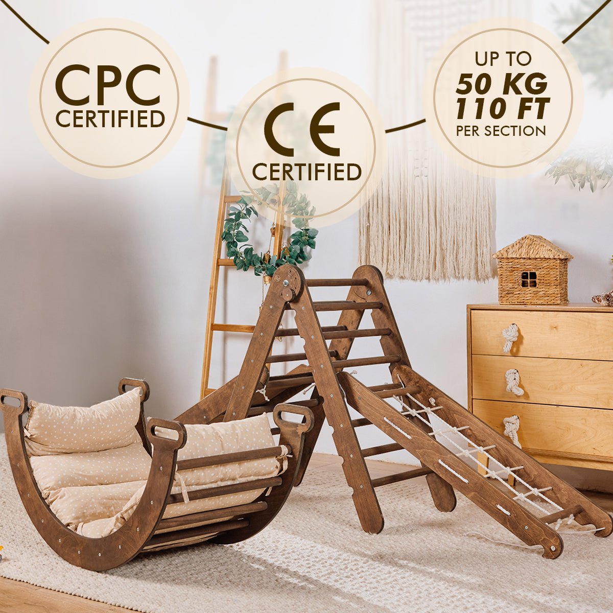 5in1 Montessori Climbing Set: Triangle Ladder + Arch/Rocker + Slide Board/Ramp + Net + Cushion – Chocolate 5in1 Playsets Goodevas   