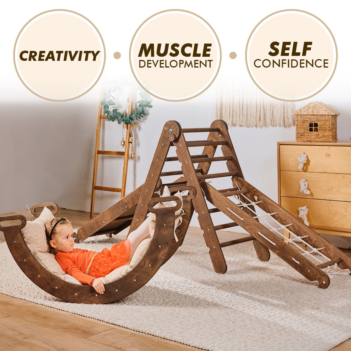 5in1 Montessori Climbing Set: Triangle Ladder + Arch/Rocker + Slide Board/Ramp + Net + Cushion – Chocolate 5in1 Playsets Goodevas   