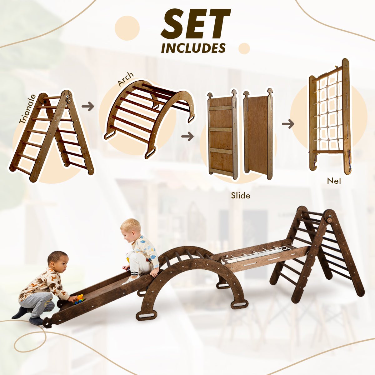 5in1 Montessori Climbing Set: Triangle Ladder + Arch/Rocker + Slide Board/Ramp + Net + Cushion – Chocolate 5in1 Playsets Goodevas   