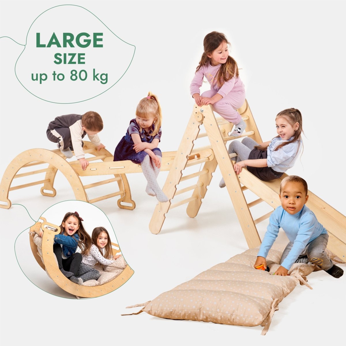 5in1 Montessori Climbing Set: Triangle Ladder + Arch/Rocker + Slide Board/Ramp + Netting rope + Cushion