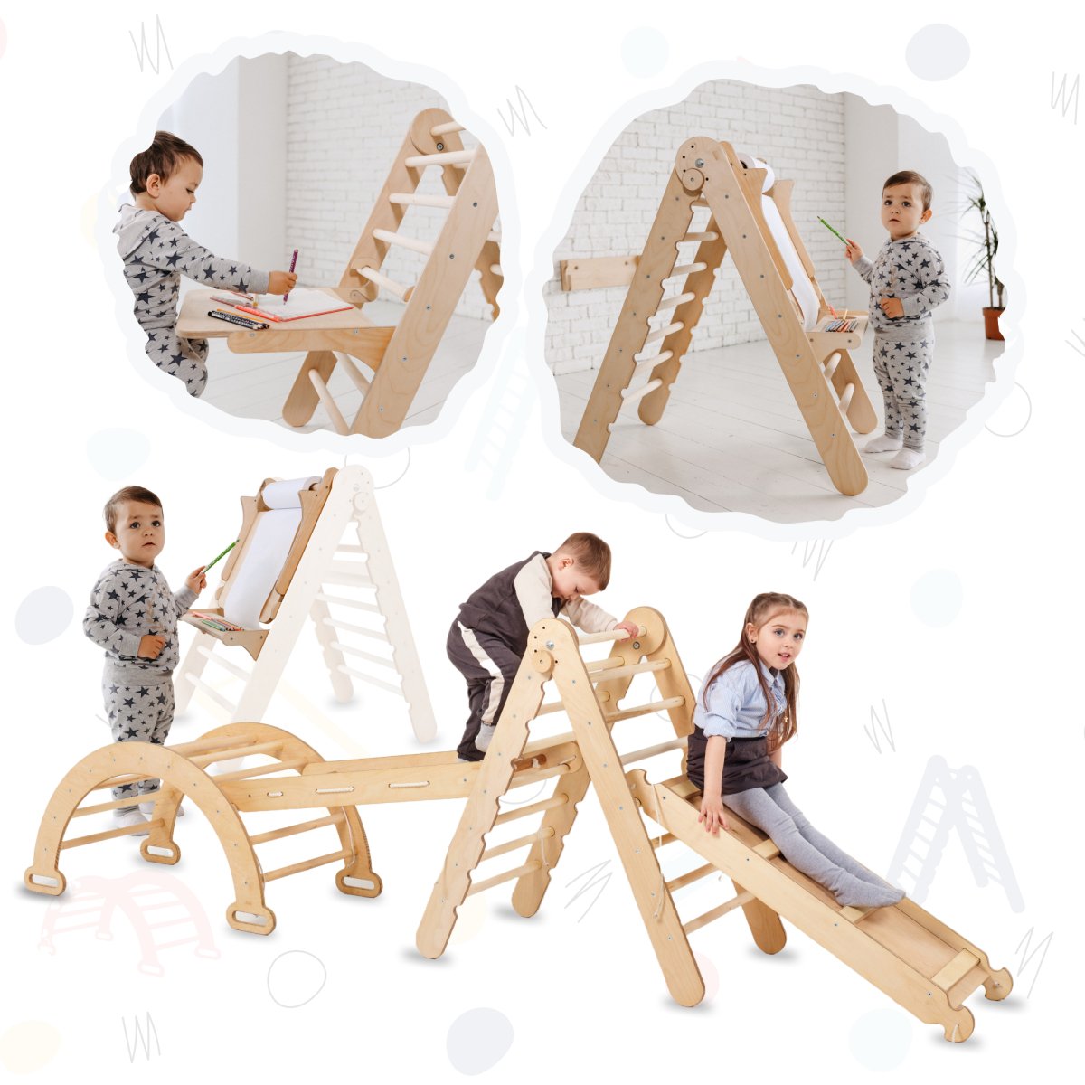 5in1 Montessori Climbing Set: Triangle Ladder + Climbing Arch + Slide Board + Climbing Net + Art Addition 5in1 Playsets Goodevas   