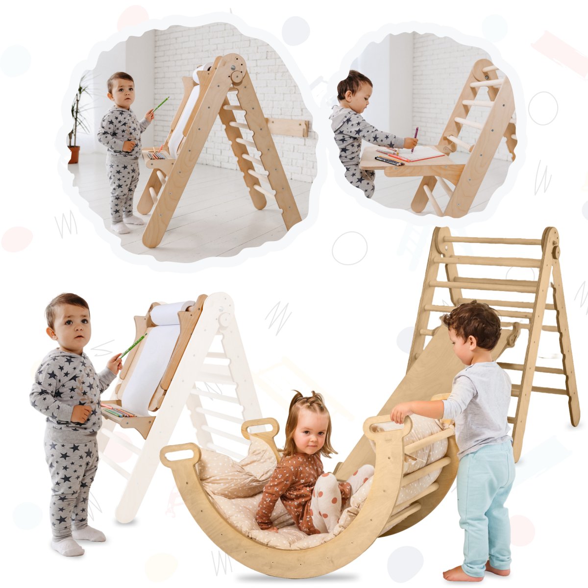 5in1 Montessori Climbing Set: Triangle Ladder + Climbing Arch + Slide Board + Cushion + Art Addition 5in1 Playsets Goodevas   