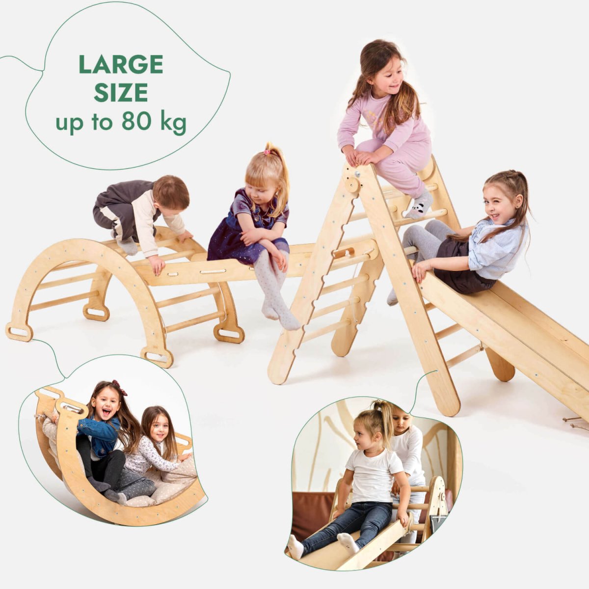 5in1 Pikler Triangle Set: Pikler + Climbing Arch + Slide Board + Climbing Net + Cushion