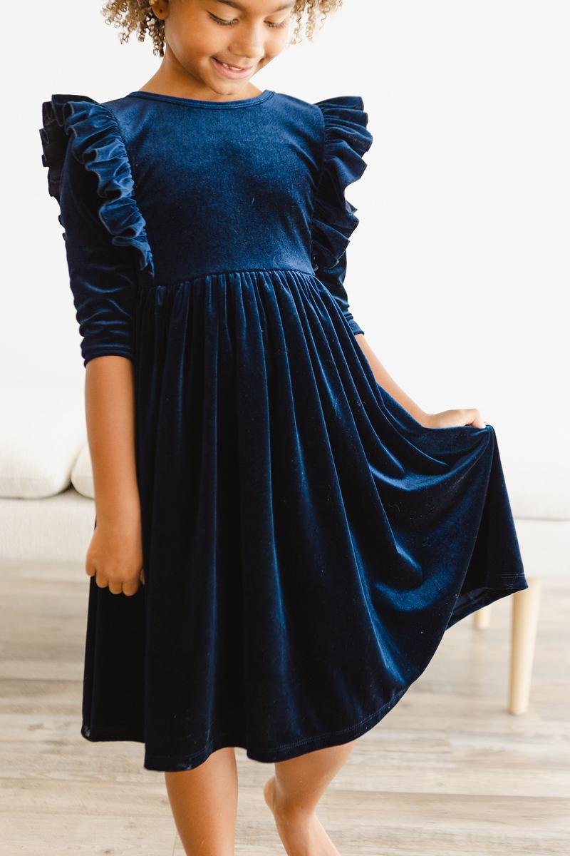 Navy Velvet Ruffle Twirl Dress