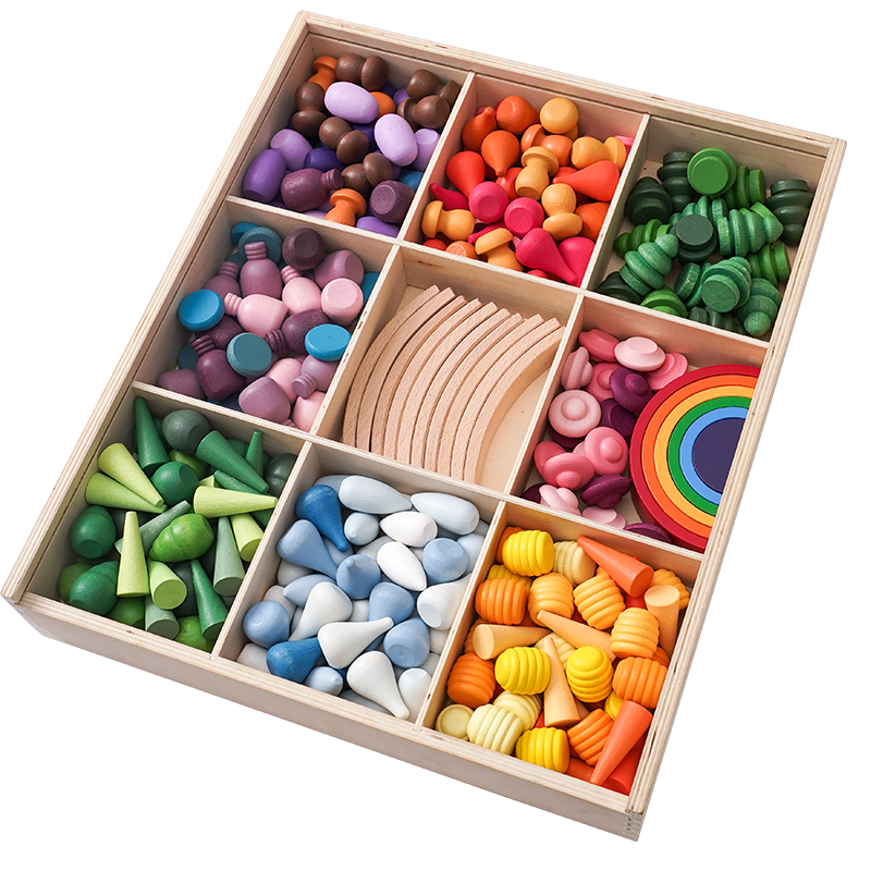 **Pre-order (Ships in 2-3 Weeks)**NEW 252-Piece Mandala Loose Parts Play Set with Mini Rainbow & Natural Wooden Blocks