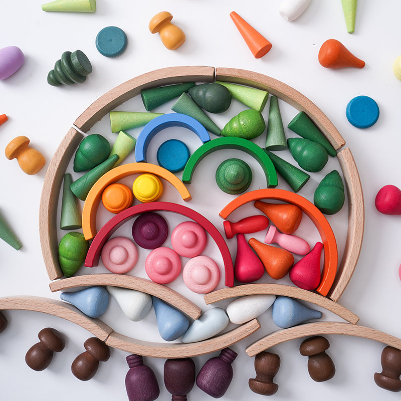 **Pre-order (Ships in 2-3 Weeks)**NEW 252-Piece Mandala Loose Parts Play Set with Mini Rainbow & Natural Wooden Blocks