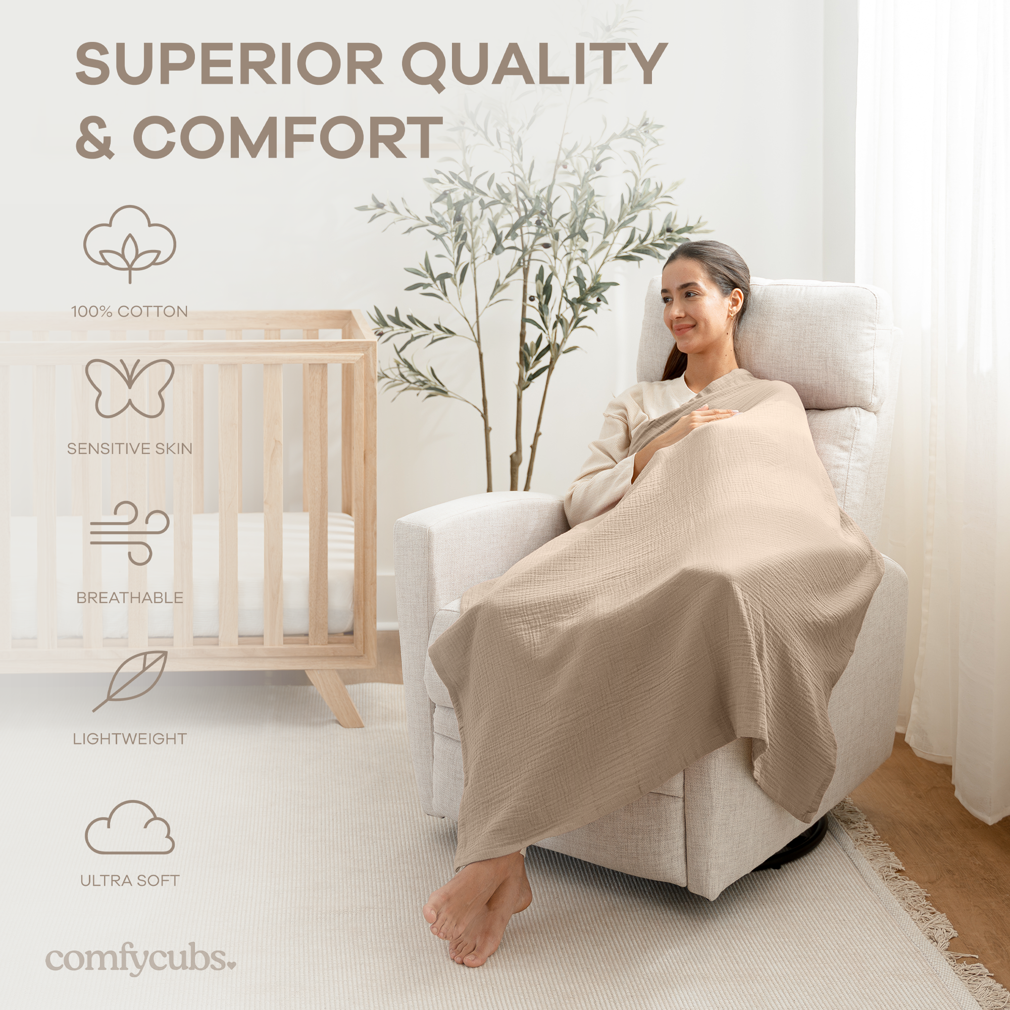 Muslin Swaddle Blankets, 42” x 42” (Sand, Cedar, Caramel,  Pack of 3)