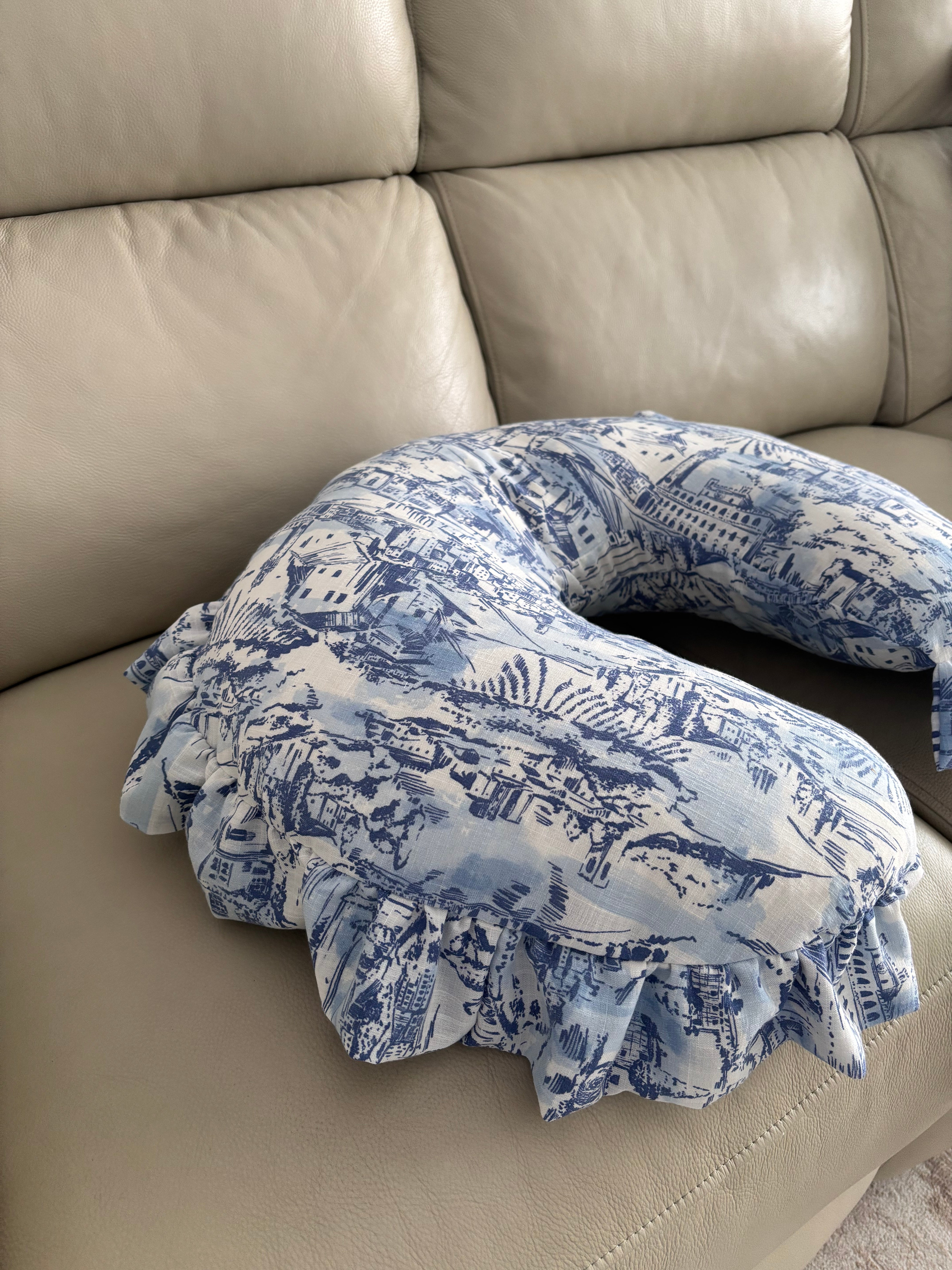 Blue Toile Ruffle Nursing Pillow Cover