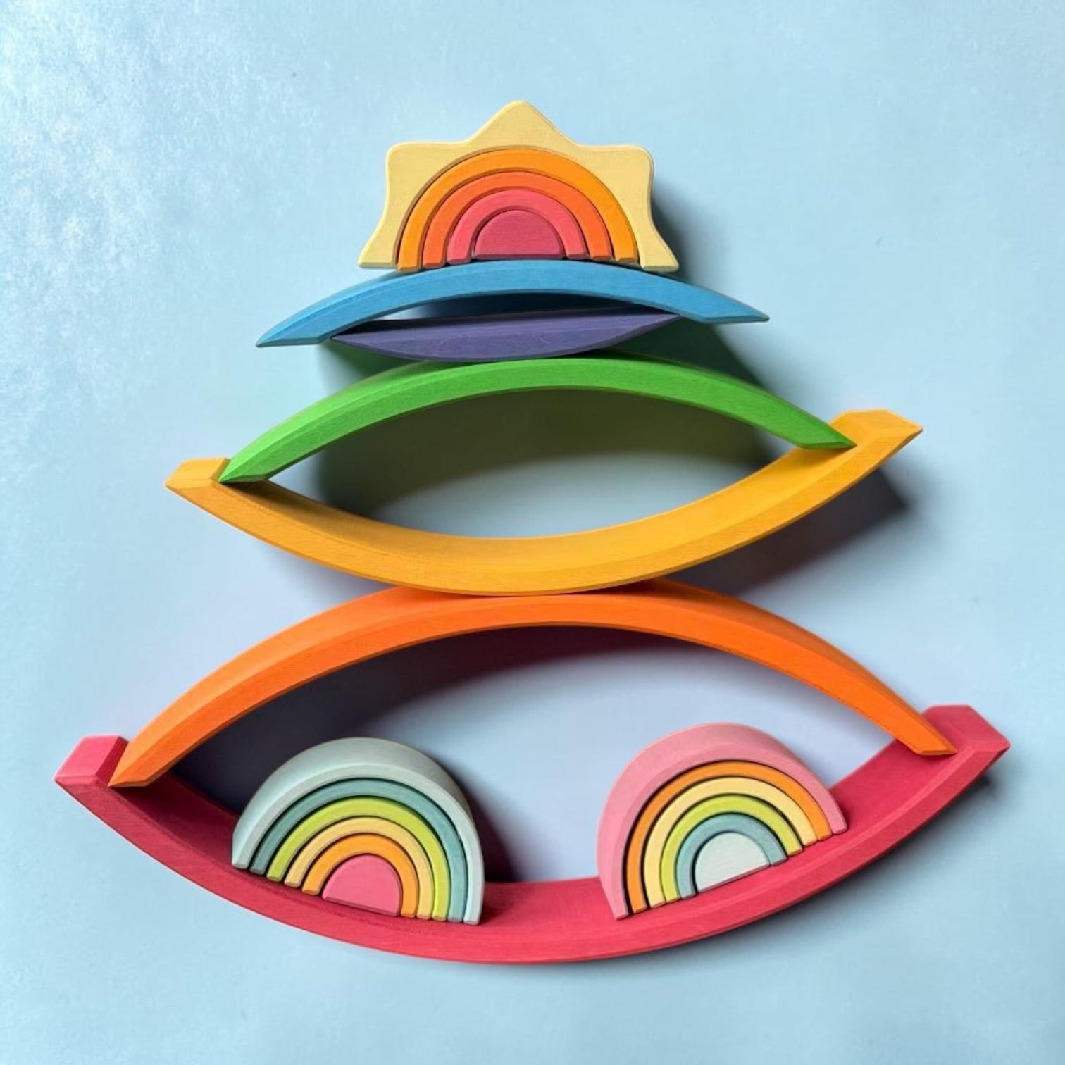 **Pre-order (Ships in 2-3 Weeks)**6-Piece Basswood Rainbow Bridge Building Blocks| Painted & Hand-Stained