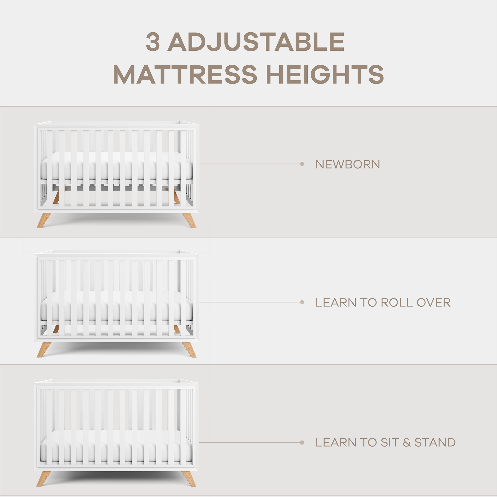 Baby Crib for 0 to 3 Years - White Bars and Frame and Natural Wood Leg