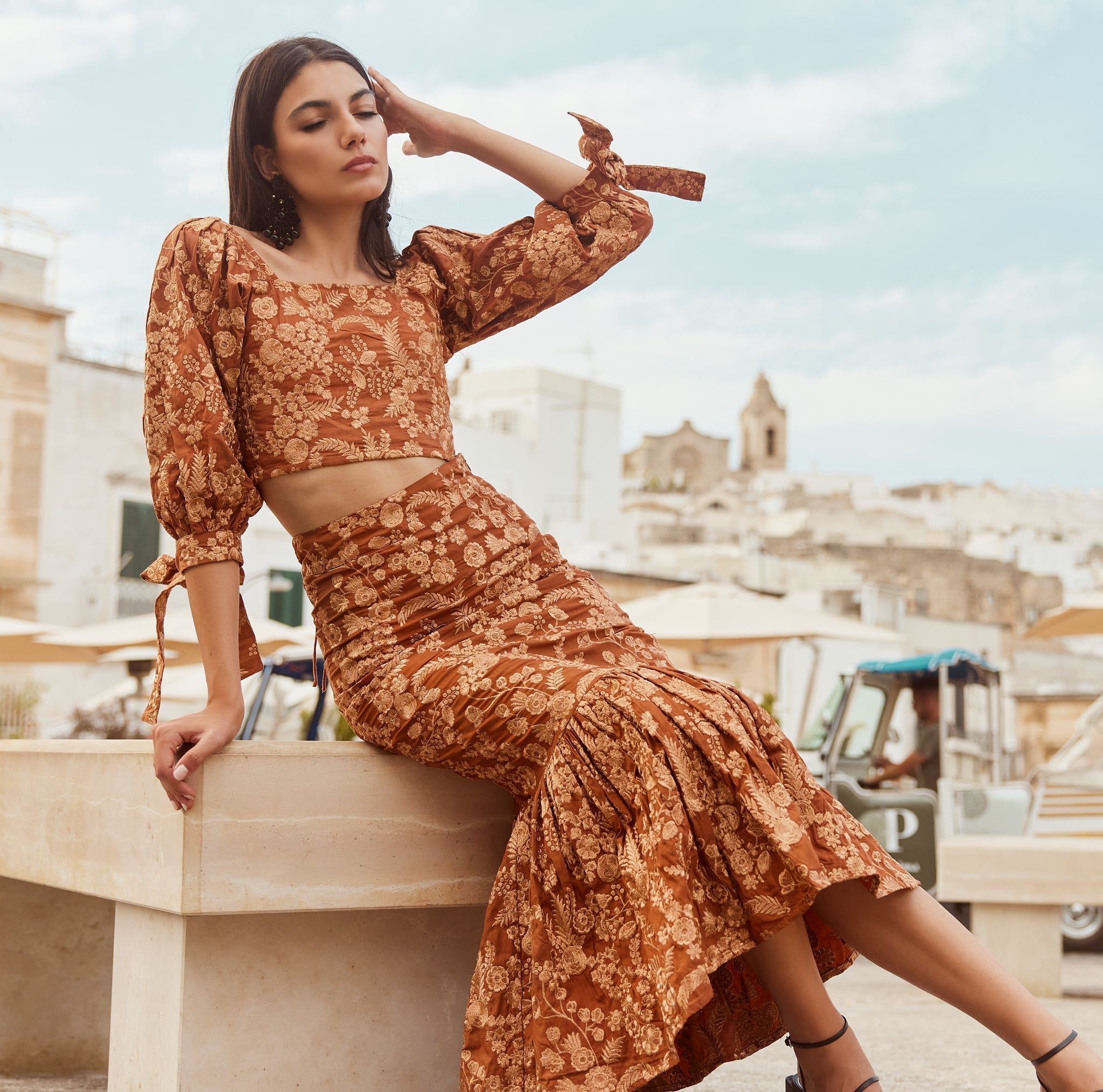 Mary Embroidered Fluted Skirt - Copper/Copper lurex embroidery