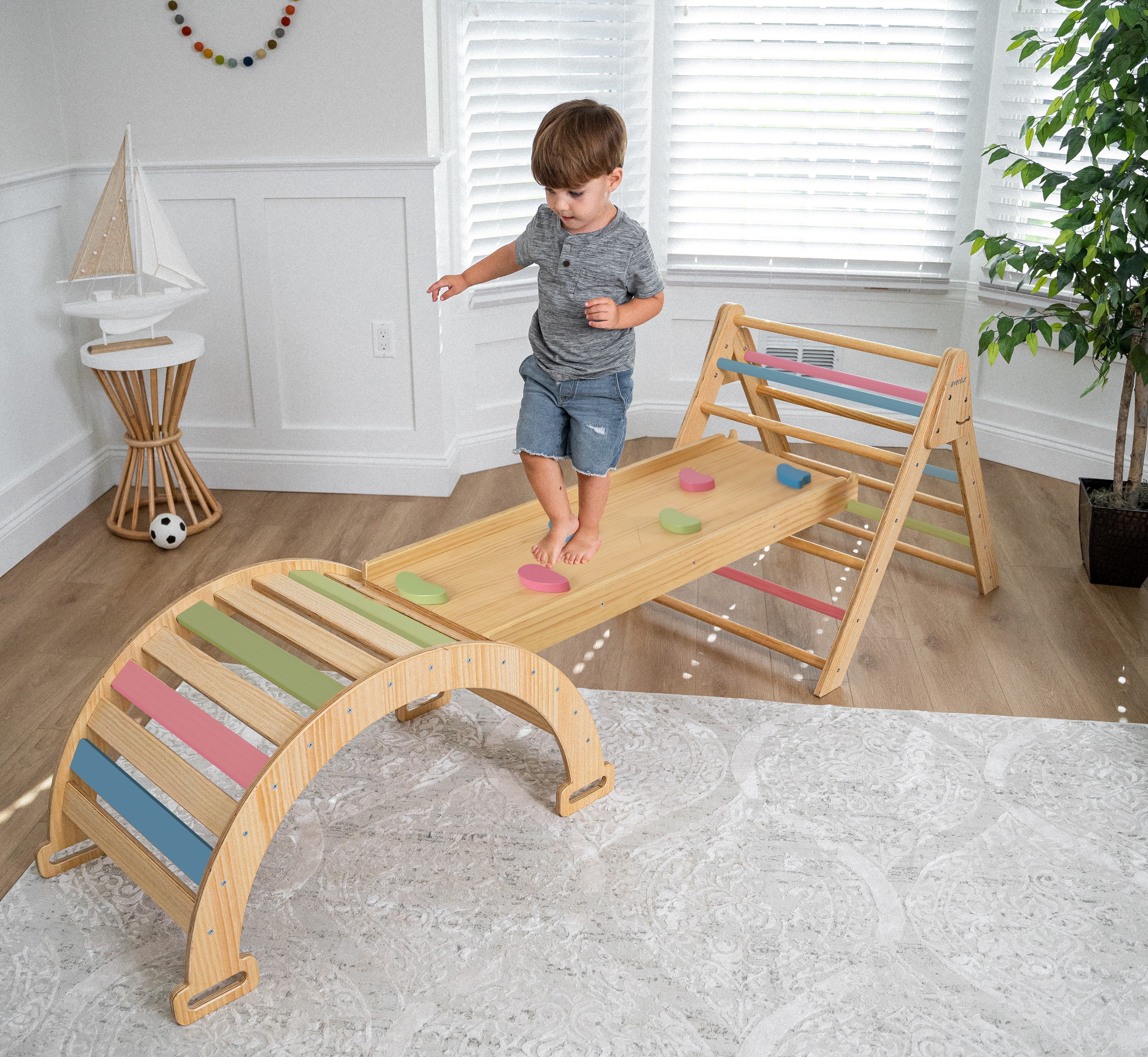 Hazel - Pikler Triangle Ladder & Rocker Set Indoor Avenlur.com Colored Bars and Rocker  