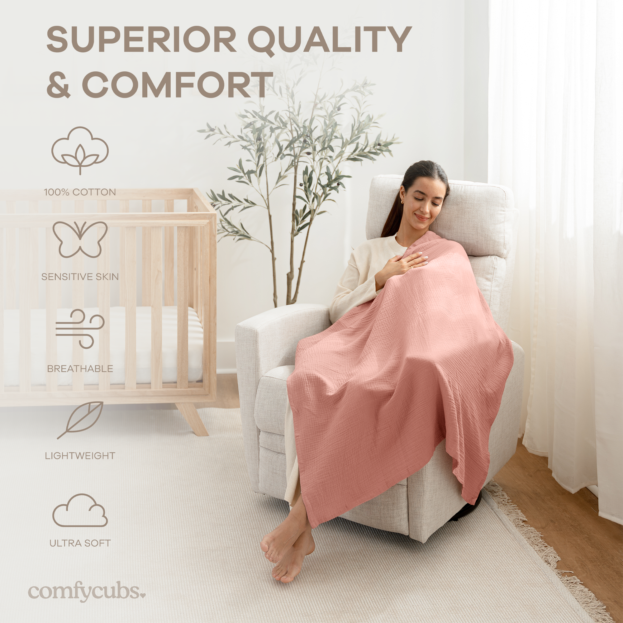 Muslin Swaddle Blankets, 42” x 42” in Blush, Bold Blush, Dusty Rose, Pack of 3