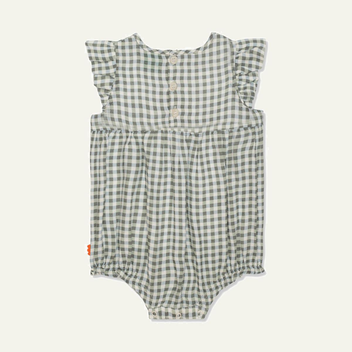 Gingham Linen Baby Girl Romper - Natural/faded Denim