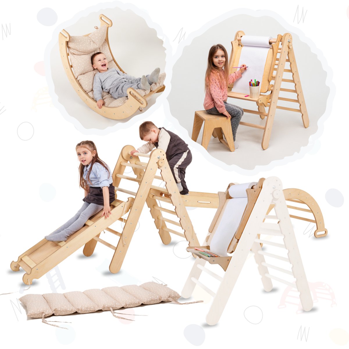 6in1 Montessori Climbing Frame Set: Triangle Ladder + Arch/Rocker + Slide/Ramp + Net + Cushion + Art Addition 6in1 Playsets Goodevas   